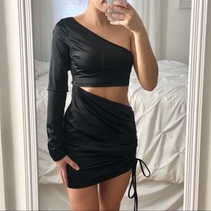 Boohoo Satin One Sleeve Cut Out Dress